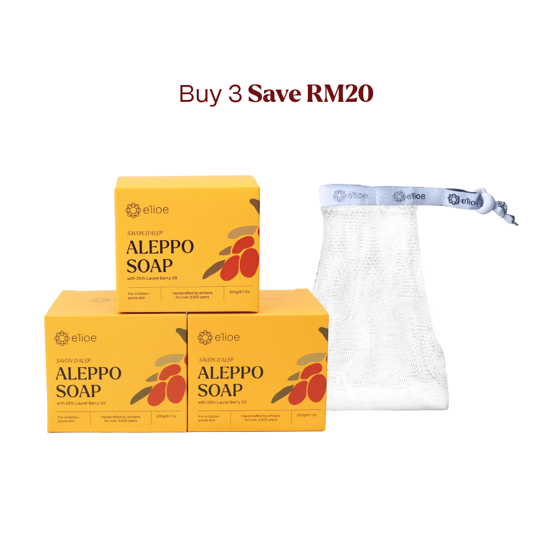 Bundle of 3 - Aleppo Soap with 25% Laurel Berry Oil (Comes with Free Foaming Net x3)