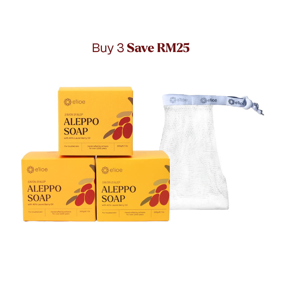 Bundle of 3 - Aleppo Soap with 40% Laurel Berry Oil (Comes with Free Foaming Net x3)