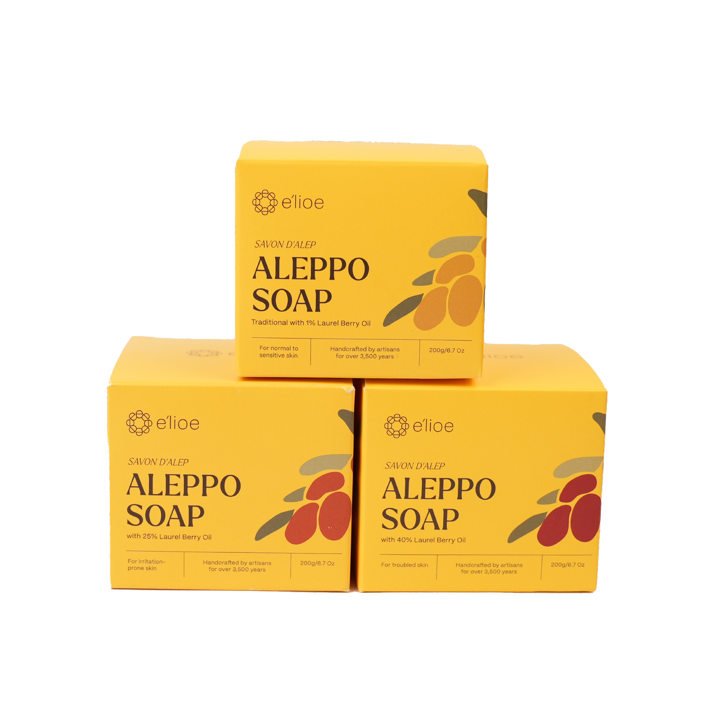 Bundle of 3 - Aleppo Soap with 1%, 25%, & 40% Laurel Berry Oil (Comes with Free Foaming Net x3)