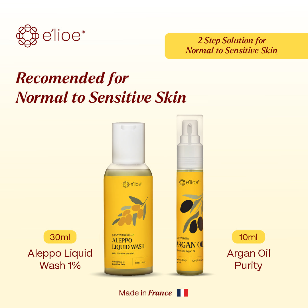 e'lioe Travel Kit (100% Natural Argan oil 10ml + Aleppo 1% Liquid Wash 30ml)