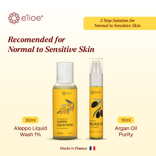 e'lioe Travel Kit (100% Natural Argan oil 10ml + Aleppo 1% Liquid Wash 30ml)