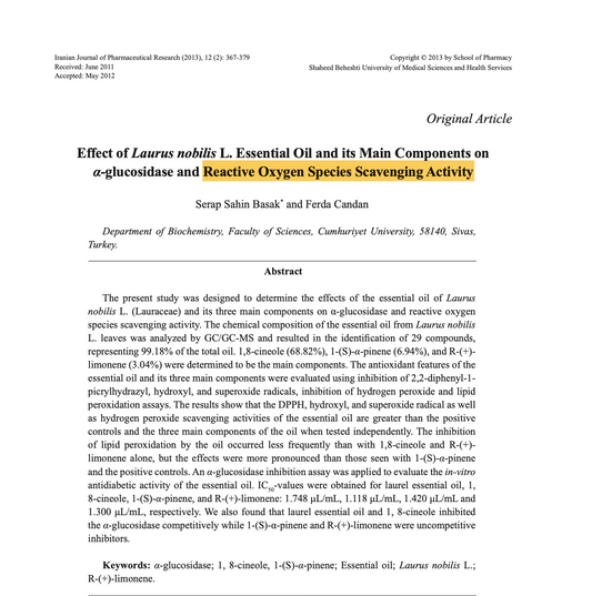 Effect of Laurus nobilis L. Essential Oil and its Main Components on α-glucosidase and Reactive Oxygen Species Scavenging Activity