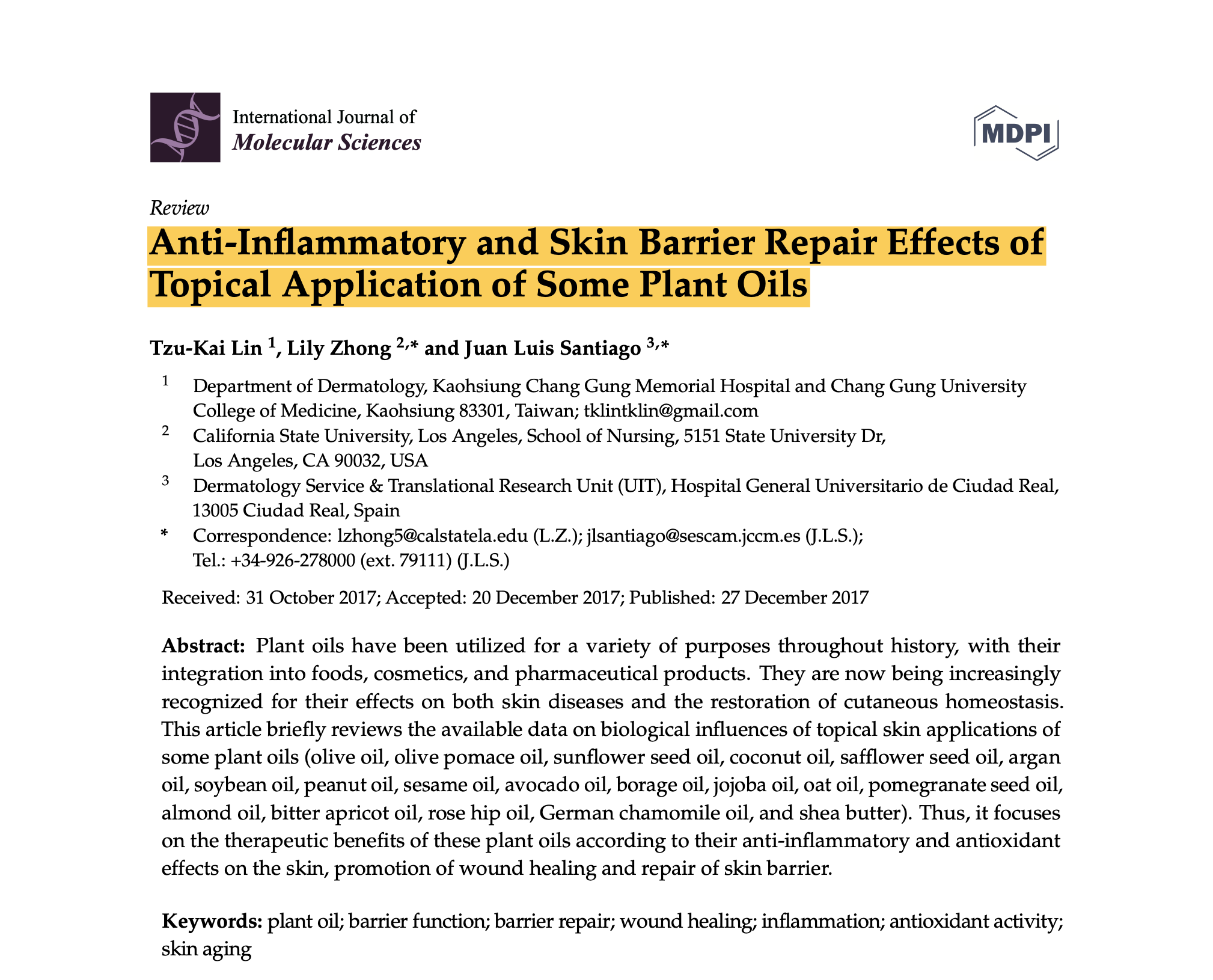Anti-Inflammatory and Skin Barrier Repair Effects of Topical Application of Some Plant Oils
