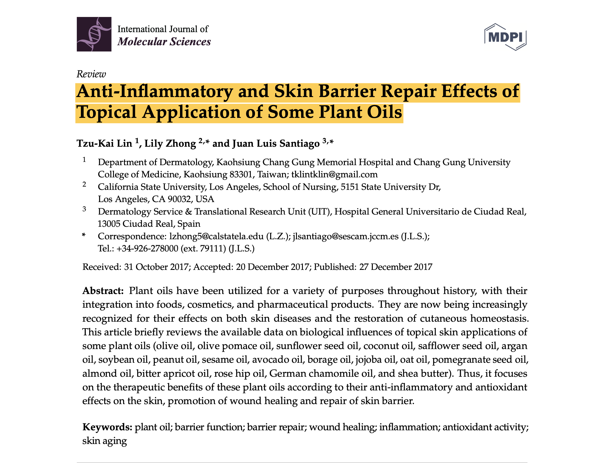 Anti-Inflammatory and Skin Barrier Repair Effects of Topical Application of Some Plant Oils