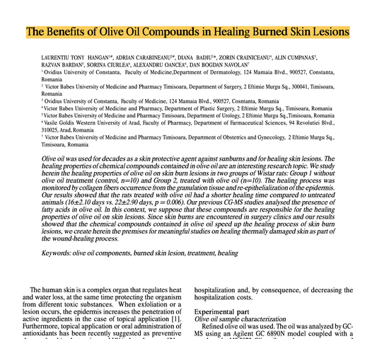 The Benefits of Olive Oil Compounds in Healing Burned Skin Lesions