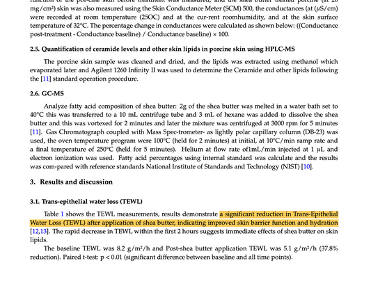 Effects of shea butter on skin barrier function and hydration