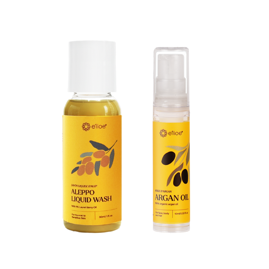 e'lioe Travel Kit (100% Natural Argan oil 10ml + Aleppo 1% Liquid Wash 30ml)