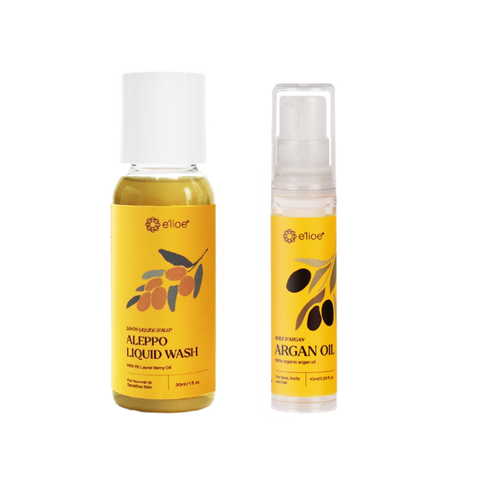 e'lioe Travel Kit (100% Natural Argan oil 10ml + Aleppo 1% Liquid Wash 30ml)