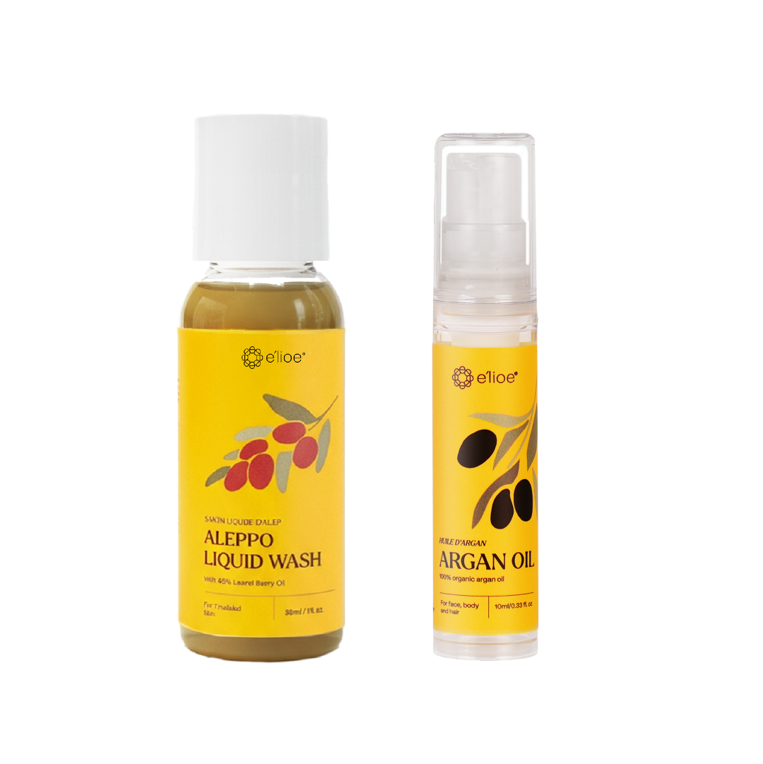 e'lioe Travel Kit (100% Natural Argan oil 10ml + Aleppo 40% Liquid Wash 30ml)