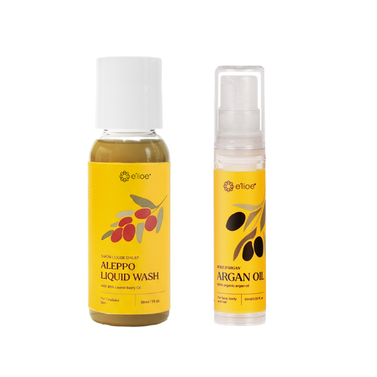 e'lioe Travel Kit (100% Natural Argan oil 10ml + Aleppo 40% Liquid Wash 30ml)