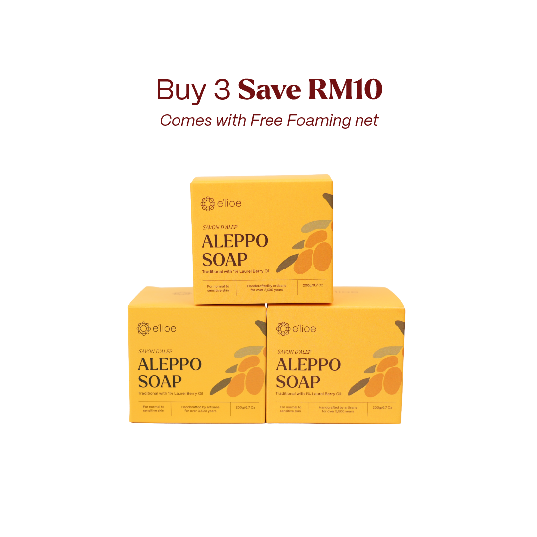 Bundle of 3 - e'lioe Aleppo Soap with 1% Laurel Berry Oil (200g) + Free Foaming Net x3