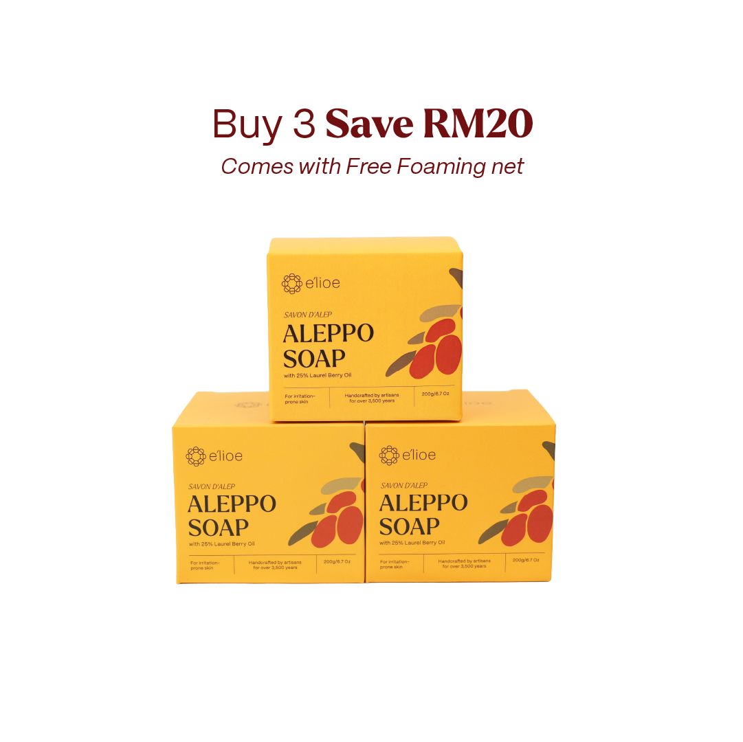 Bundle of 3 - e'lioe Aleppo Soap with 25% Laurel Berry Oil (200g) + Free Foaming Net x3