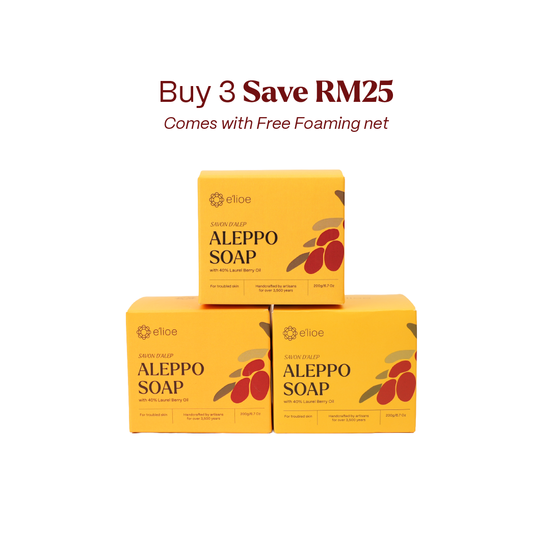 Bundle of 3 - e'lioe Aleppo Soap with 40% Laurel Berry Oil (200g) + Free Foaming Net x3