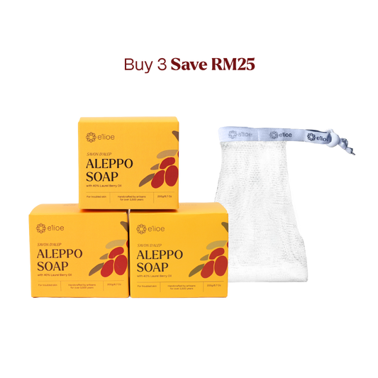 Bundle of 3 - Aleppo Soap with 40% Laurel Berry Oil (Comes with Free Foaming Net x3)