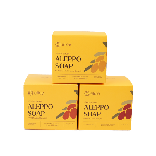 Bundle of 3 - Aleppo Soap with 1%, 25%, & 40% Laurel Berry Oil (Comes with Free Foaming Net)