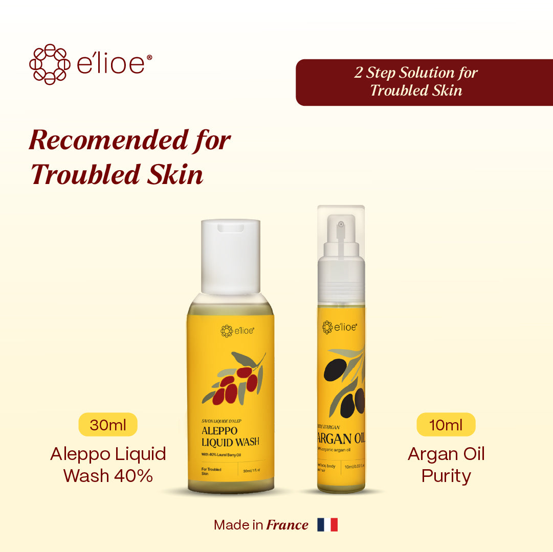 e'lioe Travel Kit (100% Natural Argan oil 10ml + Aleppo 40% Liquid Wash 30ml)