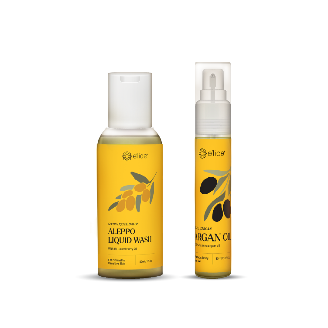 e'lioe Travel Kit (100% Natural Argan oil 10ml + Aleppo 1% Liquid Wash 30ml)