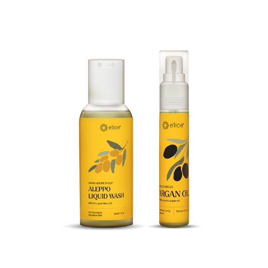e'lioe Travel Kit (100% Natural Argan oil 10ml + Aleppo 1% Liquid Wash 30ml)