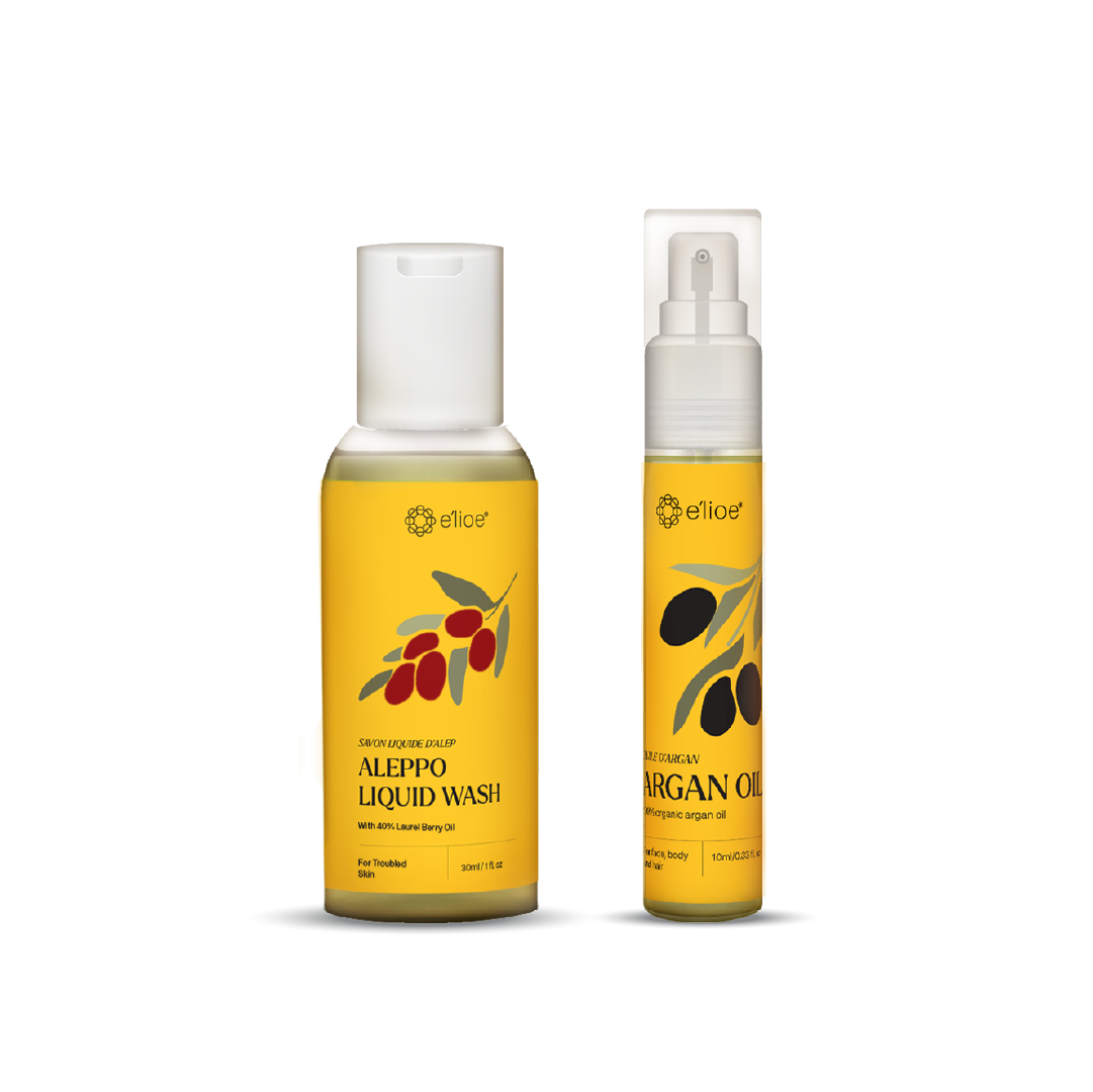 e'lioe Travel Kit (100% Natural Argan oil 10ml + Aleppo 40% Liquid Wash 30ml)