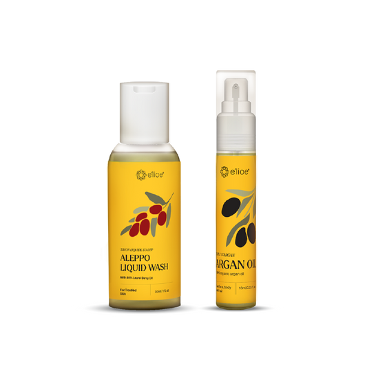 e'lioe Travel Kit (100% Natural Argan oil 10ml + Aleppo 40% Liquid Wash 30ml)