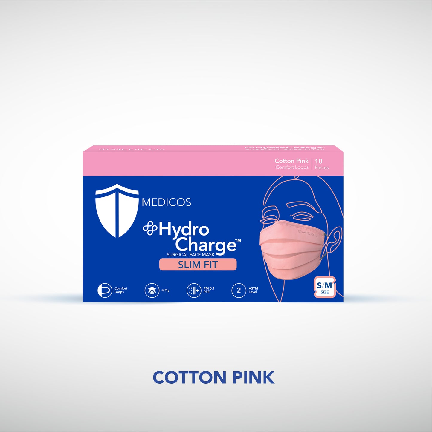 Percuma 10 pcs HydroCharge™ Slim Fit 4-Ply Surgical Face Mask (Cotton Pink)
